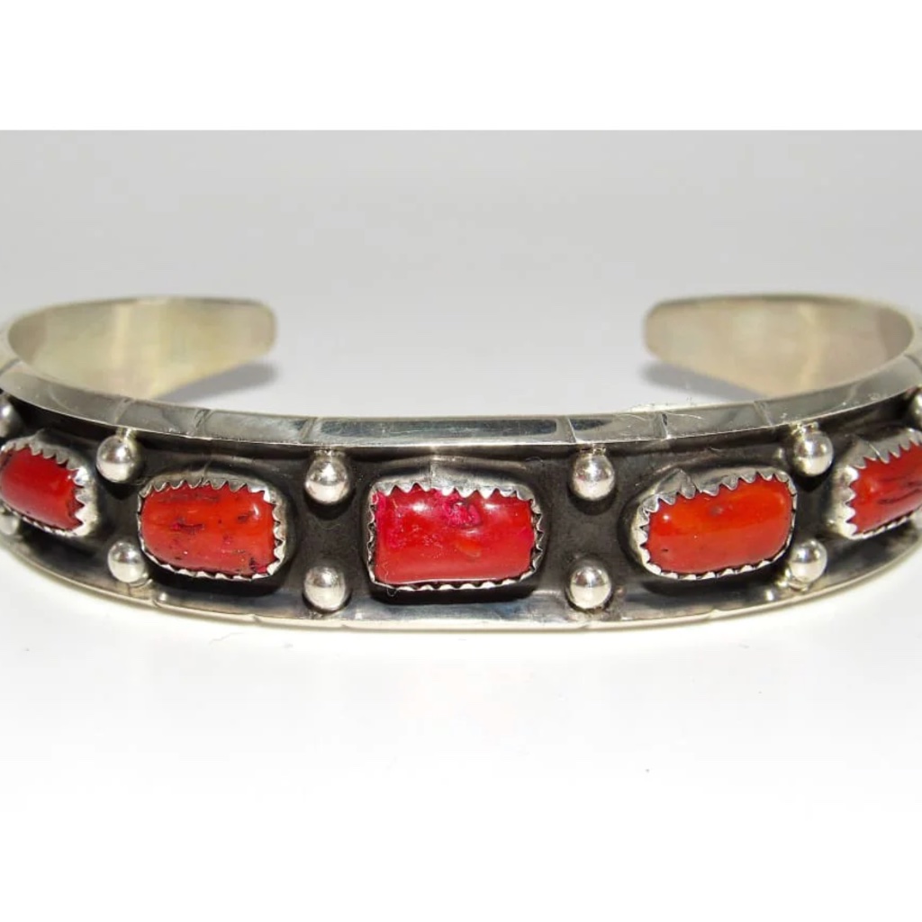 Navajo Mediterranean Coral Stacker Cuff Bracelet Sterling Silver Native American 315$